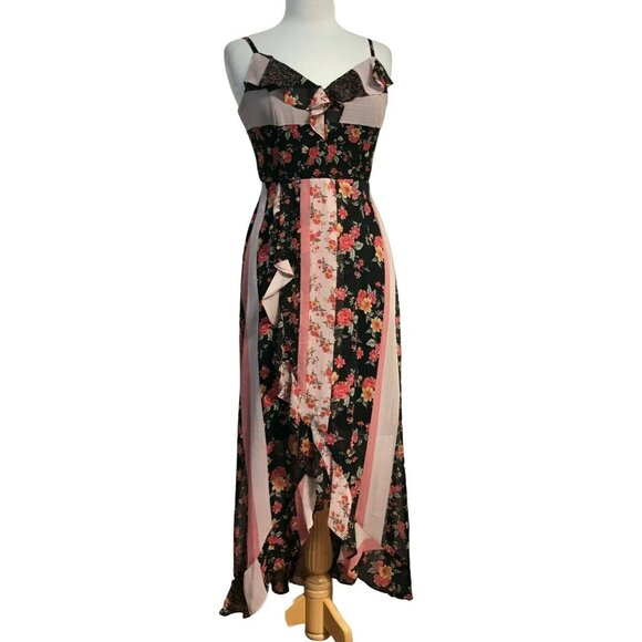Kensie Black Garden Floral Flutter Ruffle Sleeveless Hi-Low Maxi Dress Sz 4 NEW - Picture 9 of 9